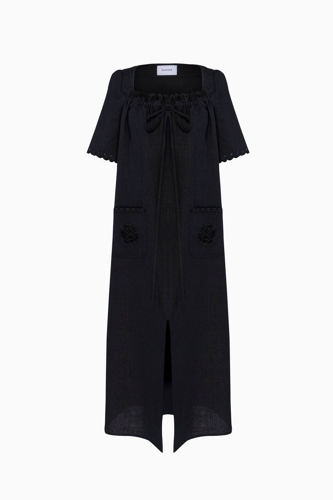 Sofia Linen Embroidered Midi Dress in Black