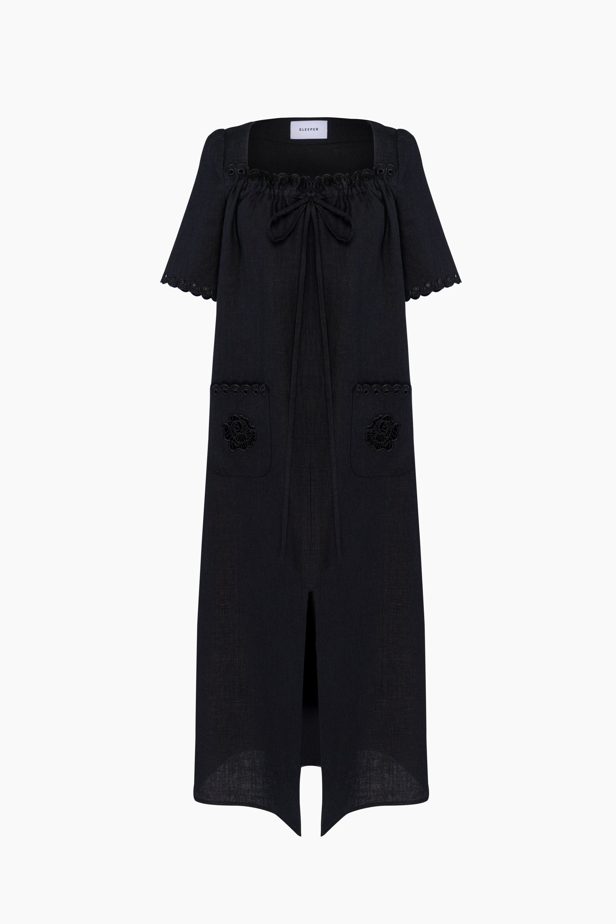 Sofia Linen Embroidered Midi Dress in Black