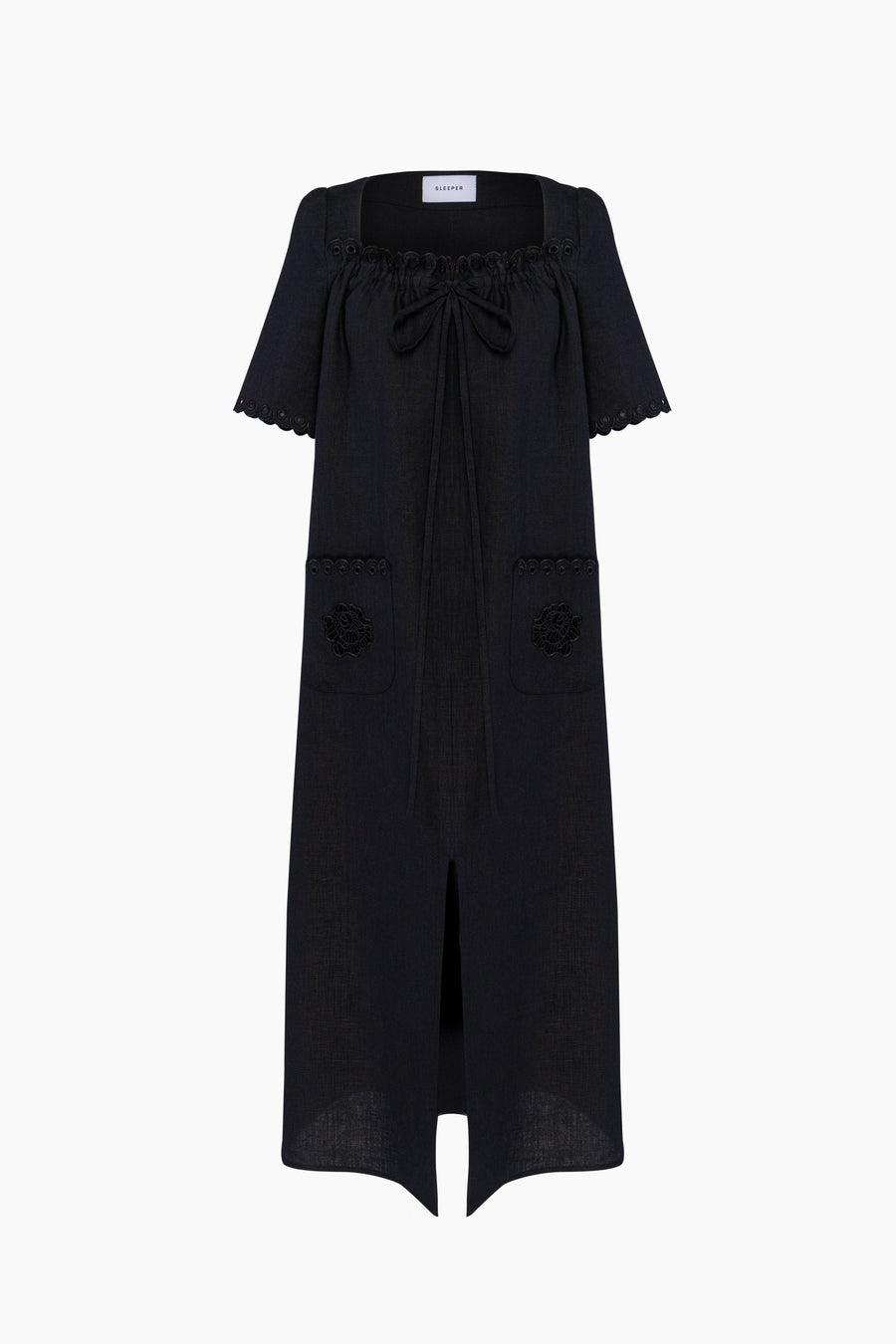 Sofia Linen Embroidered Midi Dress in Black