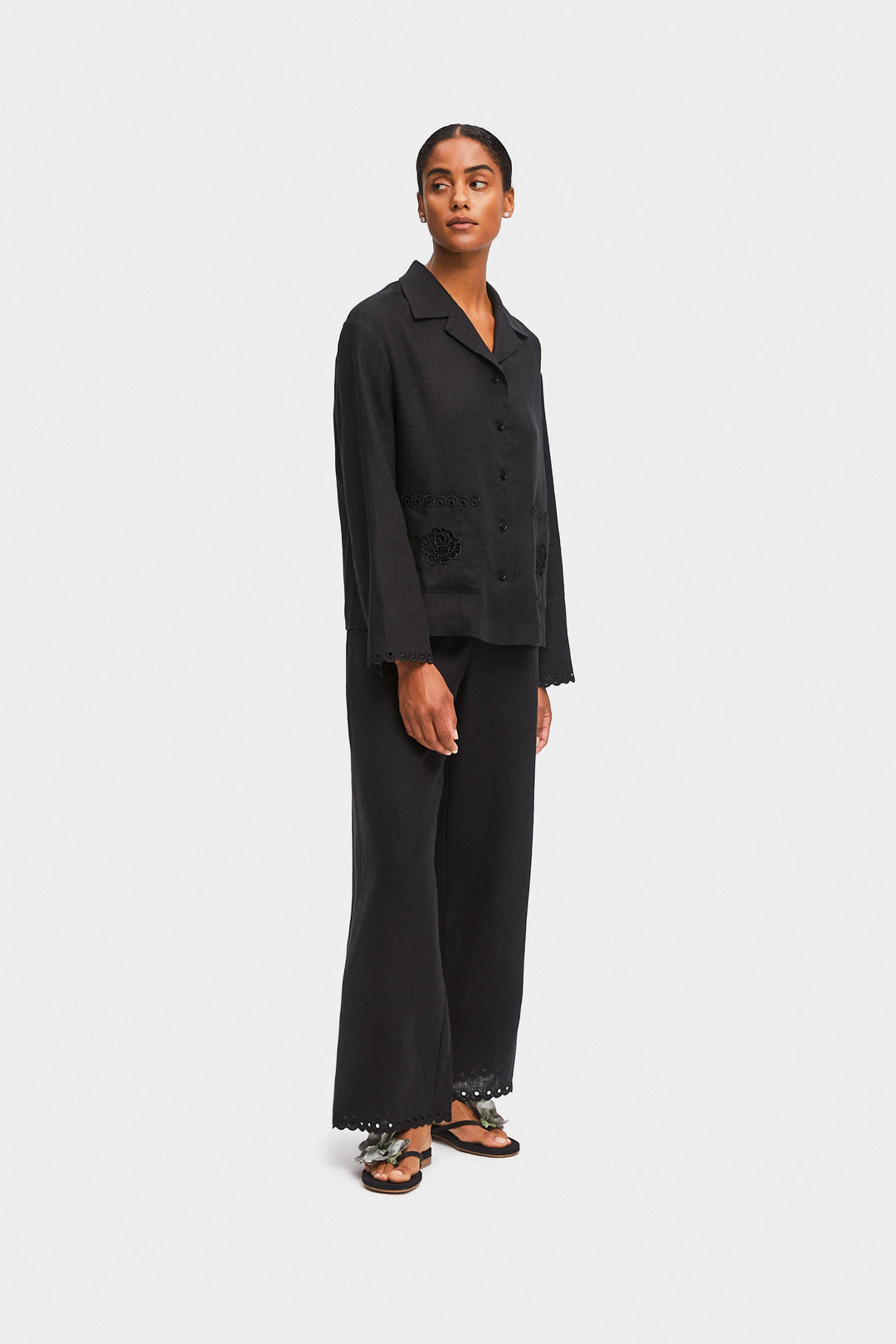 Sofia Linen Embroidered Pants in Black