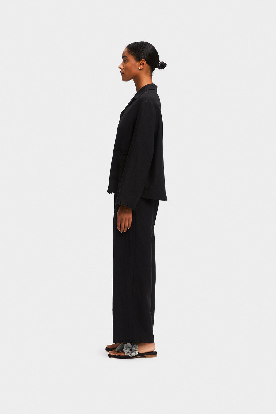 Sofia Linen Embroidered Pants in Black