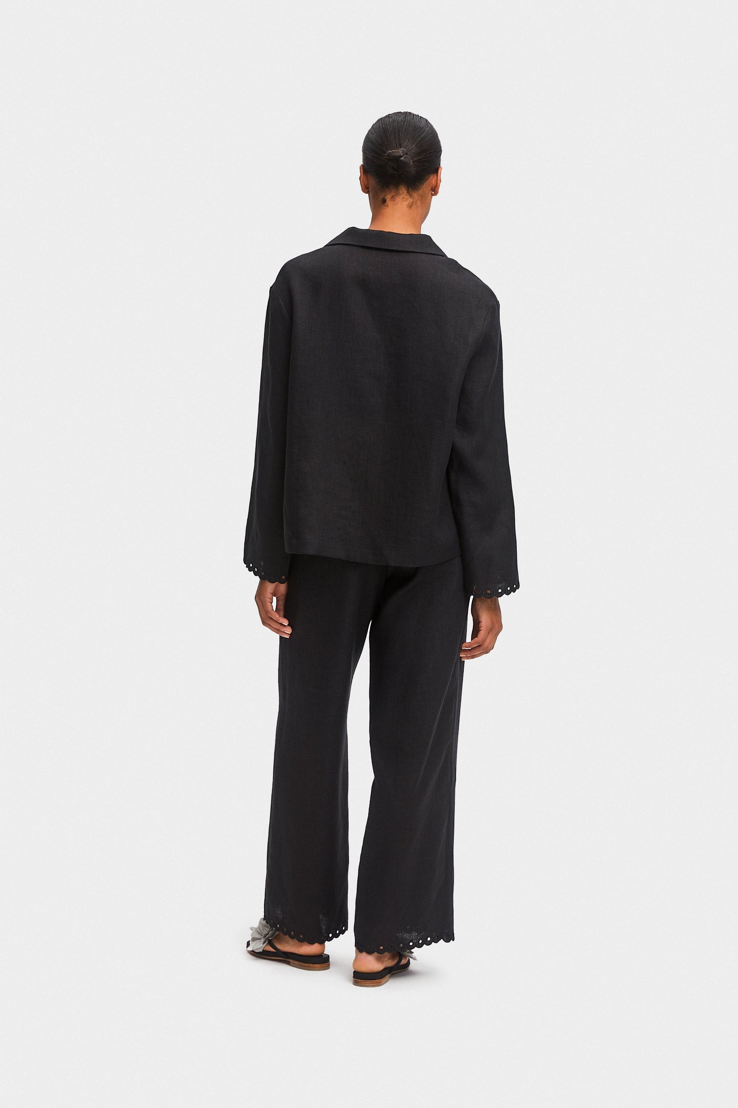 Sofia Linen Embroidered Pants in Black