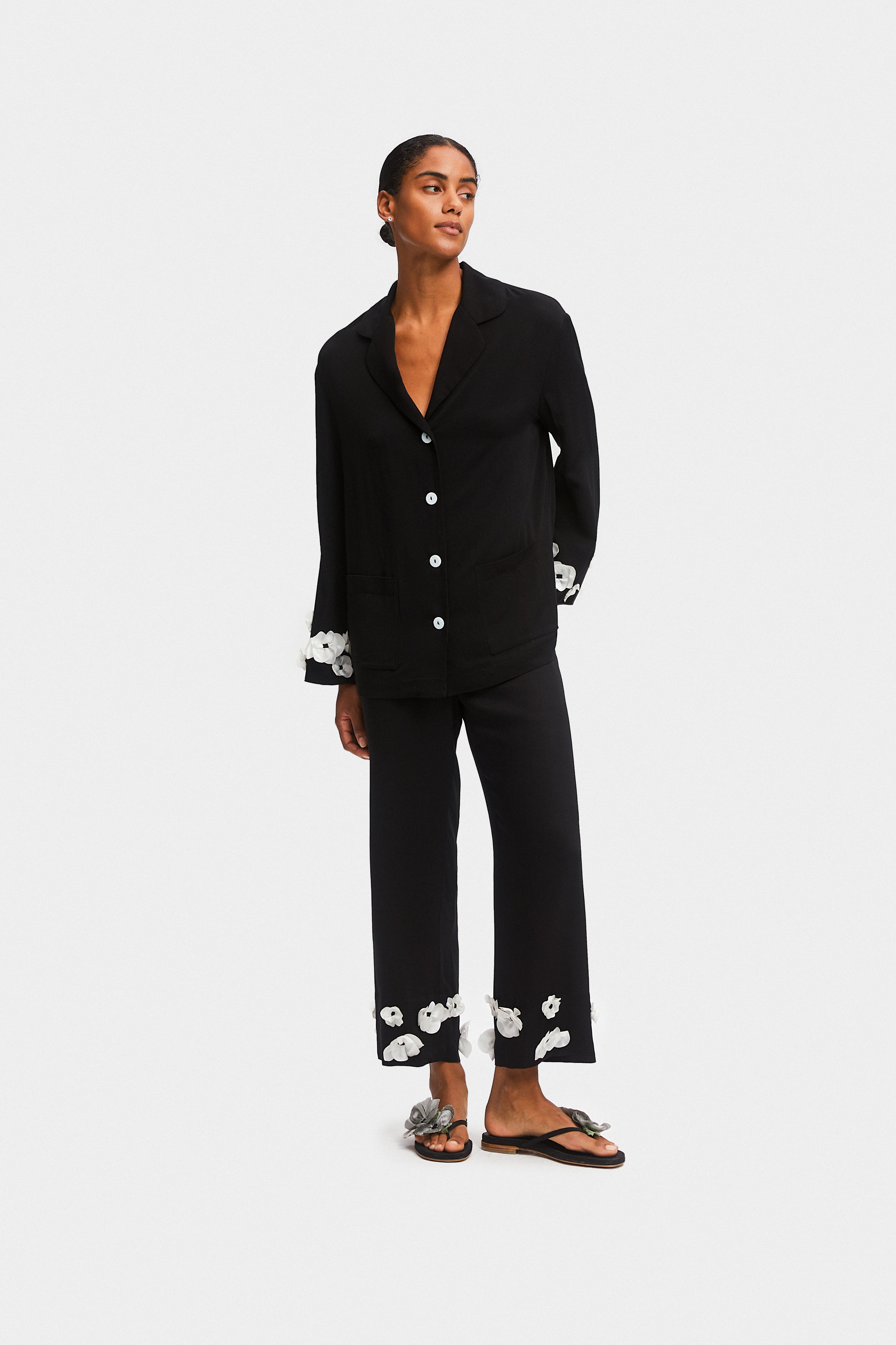 The Bloom Party Pajama Set with Pants in Black SLEEPER Sleeper