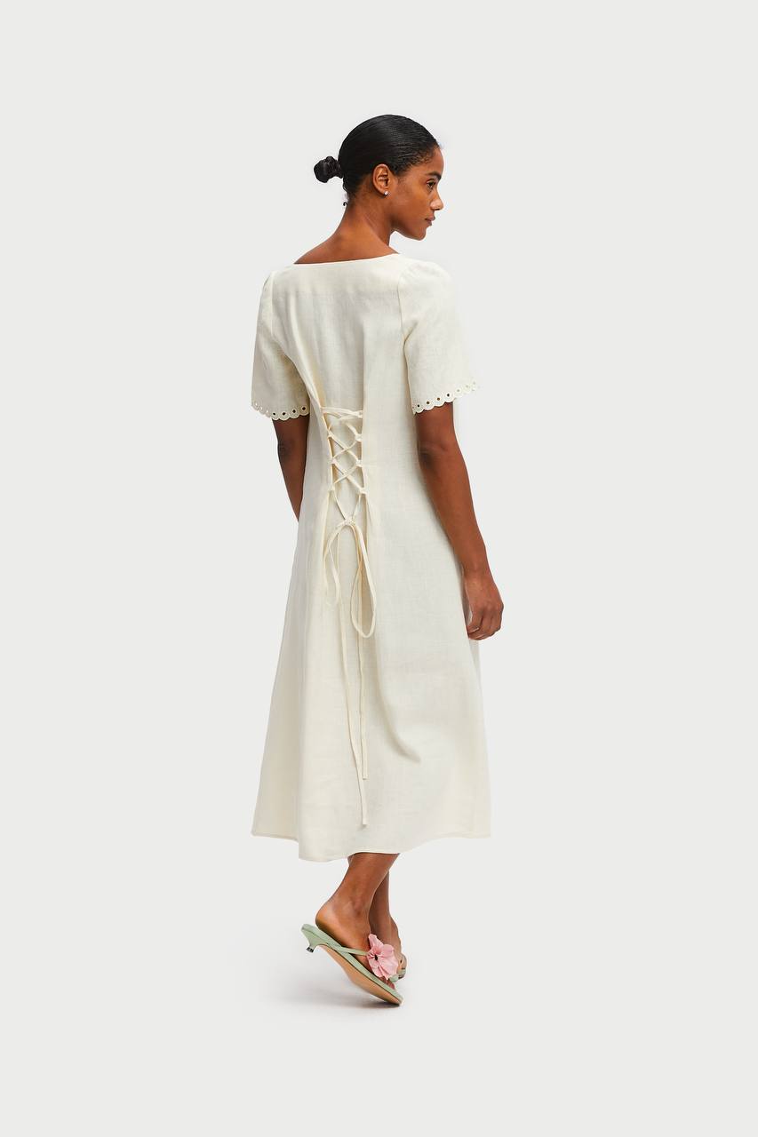 Sofia Linen Embroidered Midi Dress in Off-White