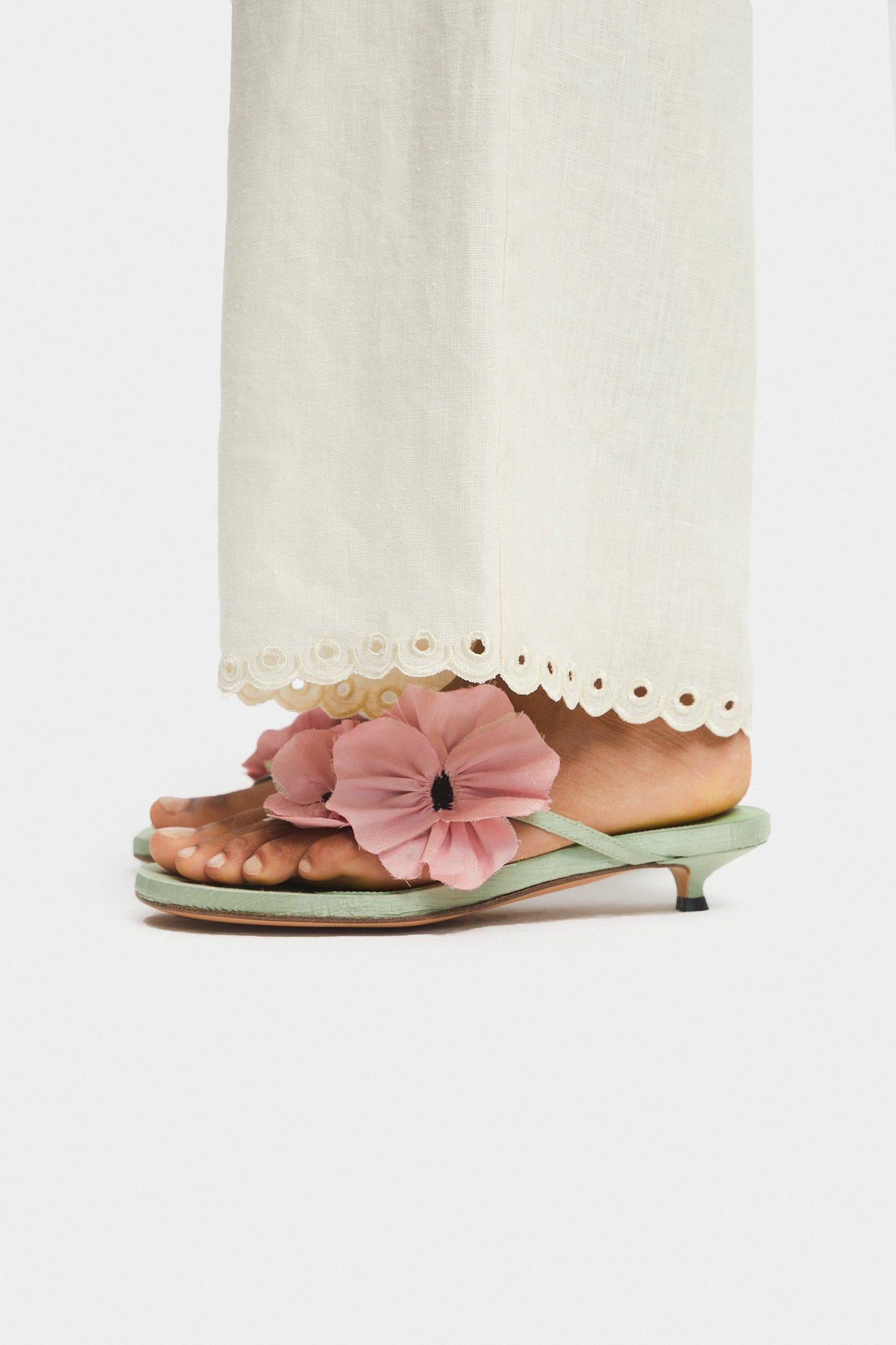 Poppies Silk Kitten Heel Mules in Mint and Pink