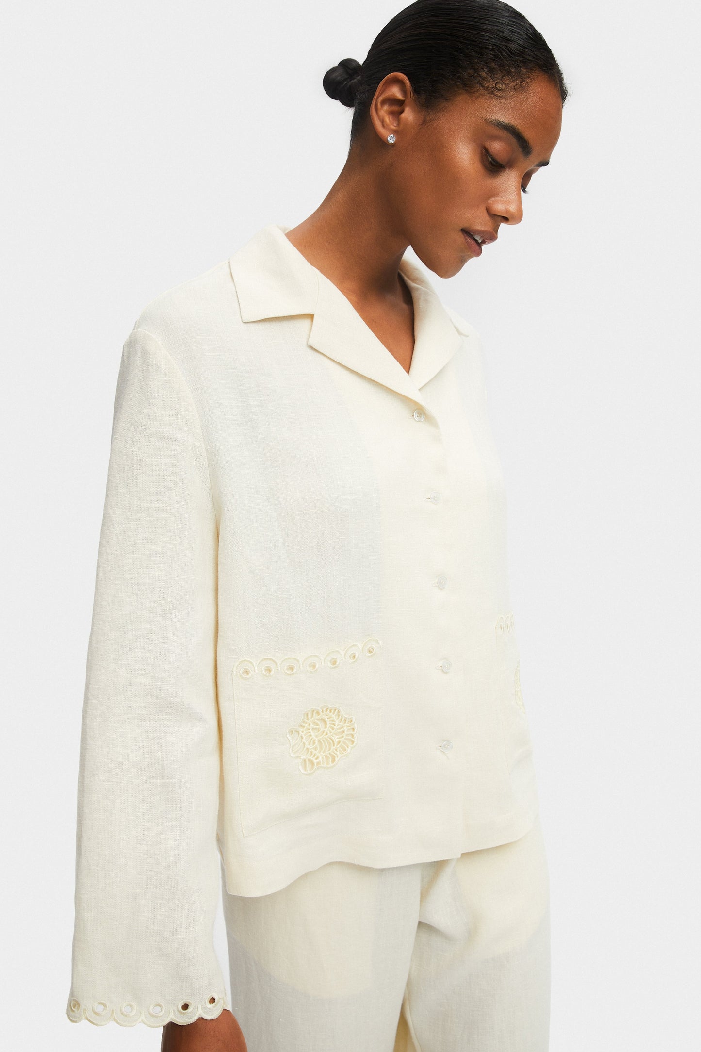Sofia Linen Embroidered Shirt in Off-White