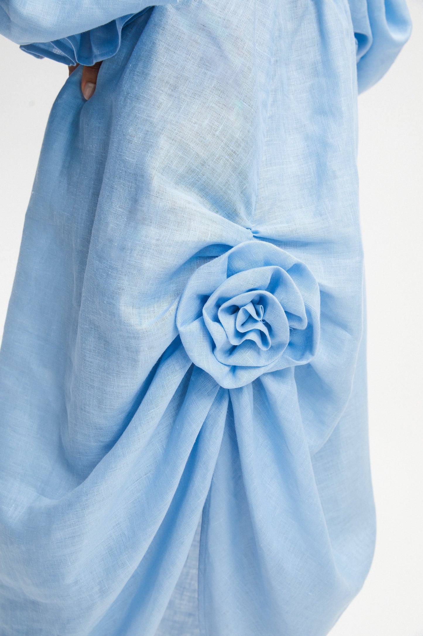 Atlanta Linen Dress with Rose Detail in Blue