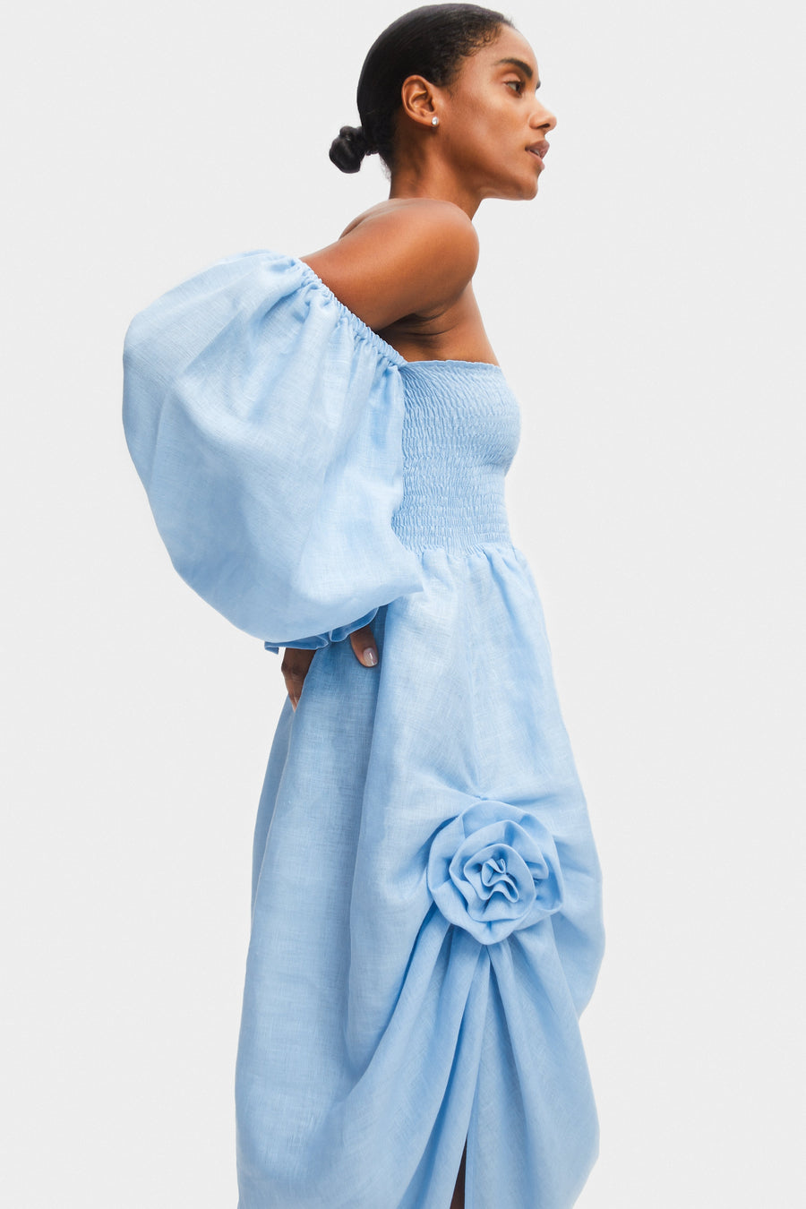 Atlanta Linen Dress with Rose Detail in Blue