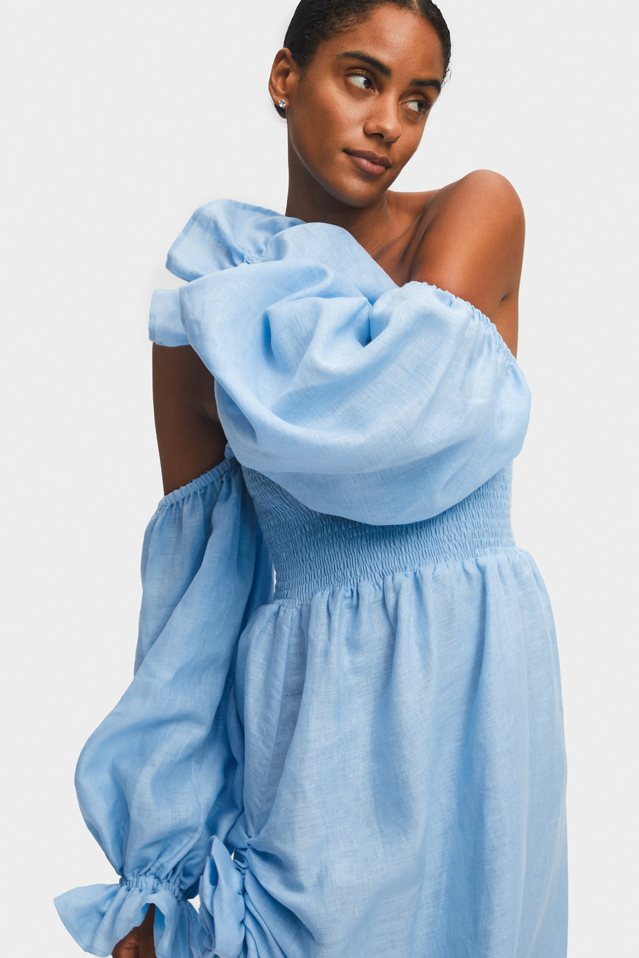 Atlanta Linen Dress with Rose Detail in Blue