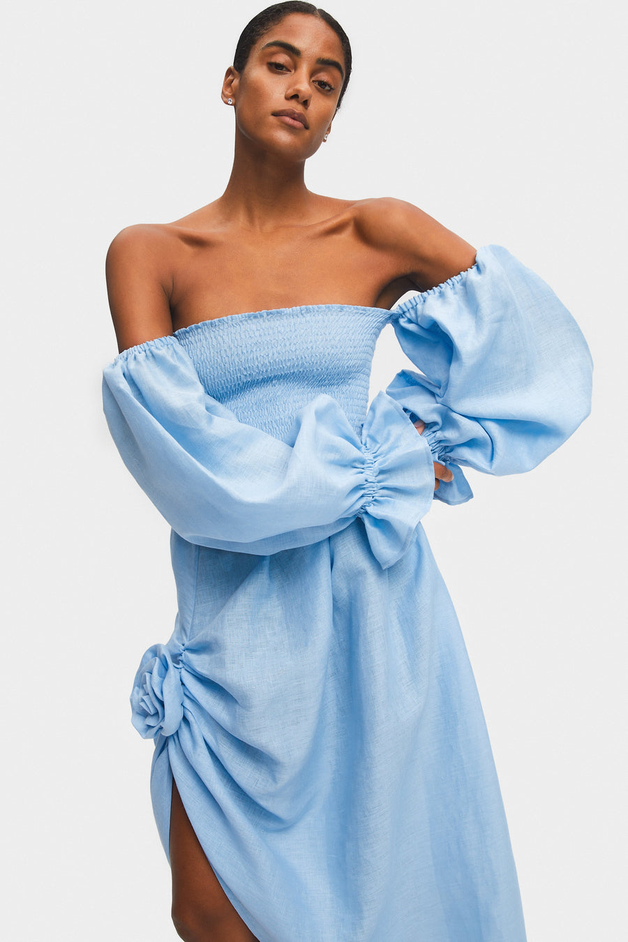 Atlanta Linen Dress with Rose Detail in Blue