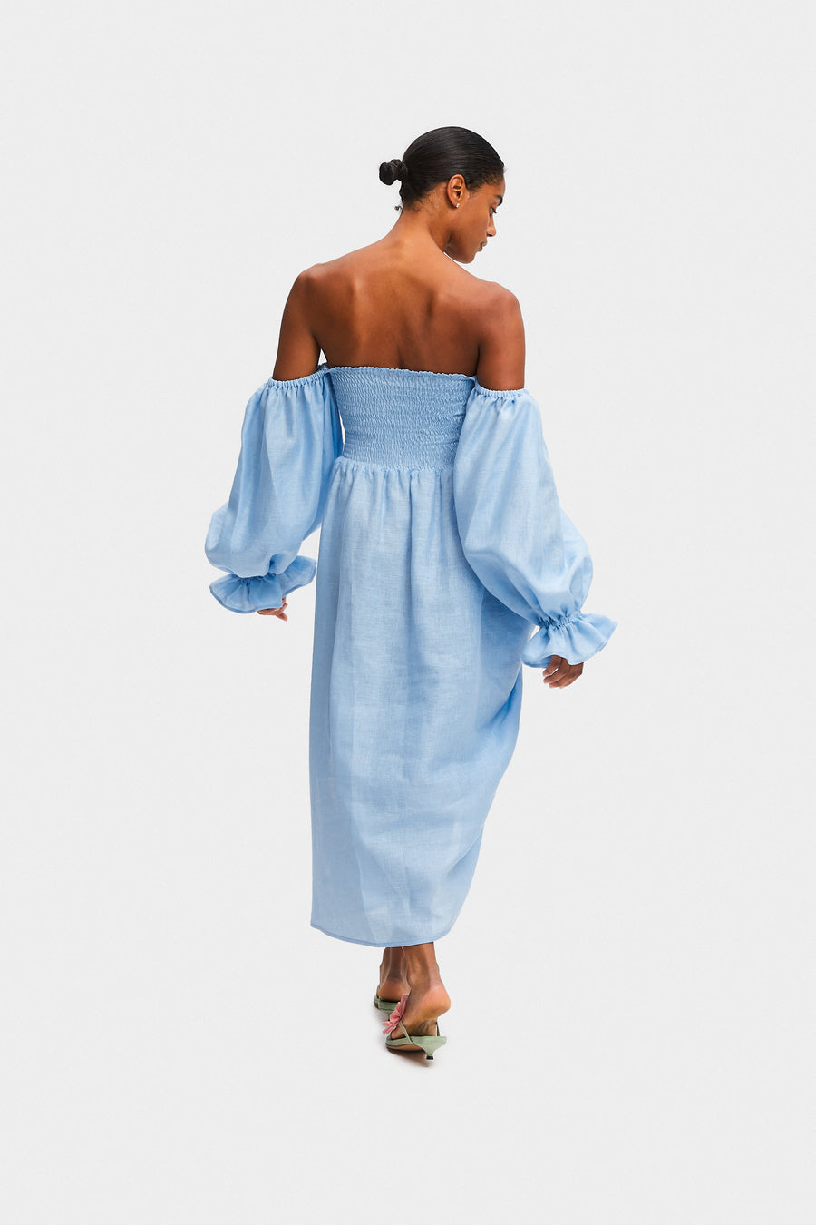 Atlanta Linen Dress with Rose Detail in Blue