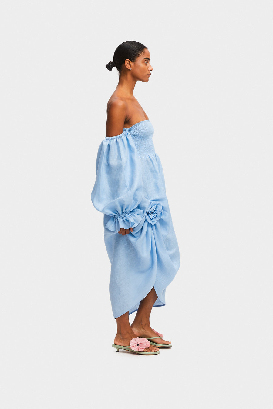 Atlanta Linen Dress with Rose Detail in Blue