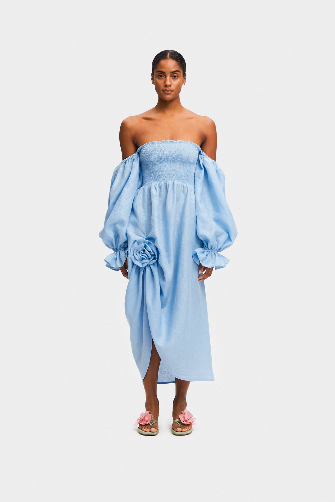 Atlanta Linen Dress with Rose Detail in Blue