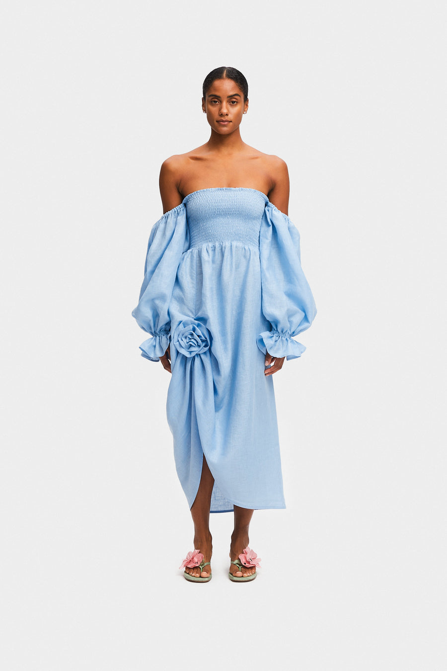 Atlanta Linen Dress with Rose Detail in Blue