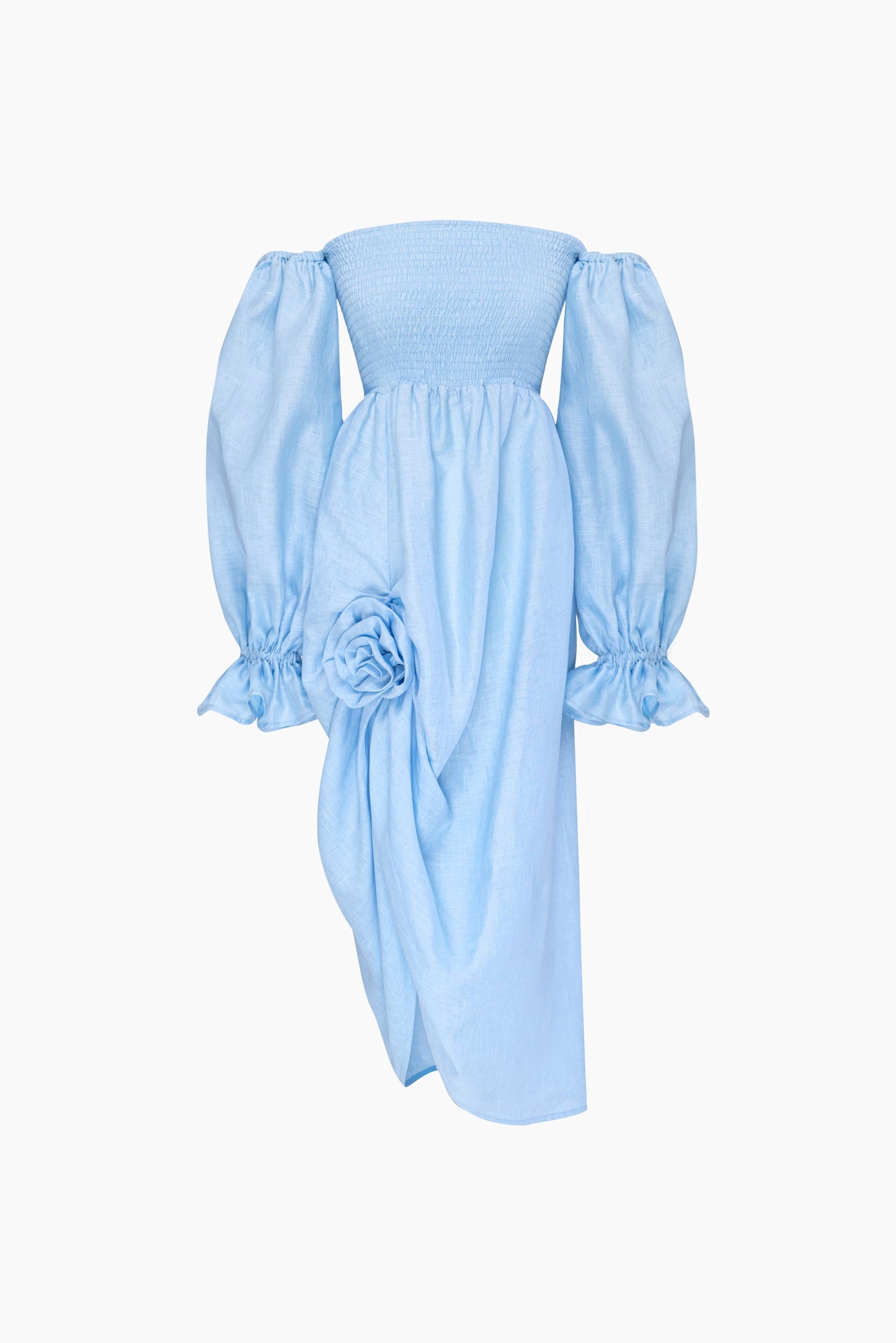 Atlanta Linen Dress with Rose Detail in Blue