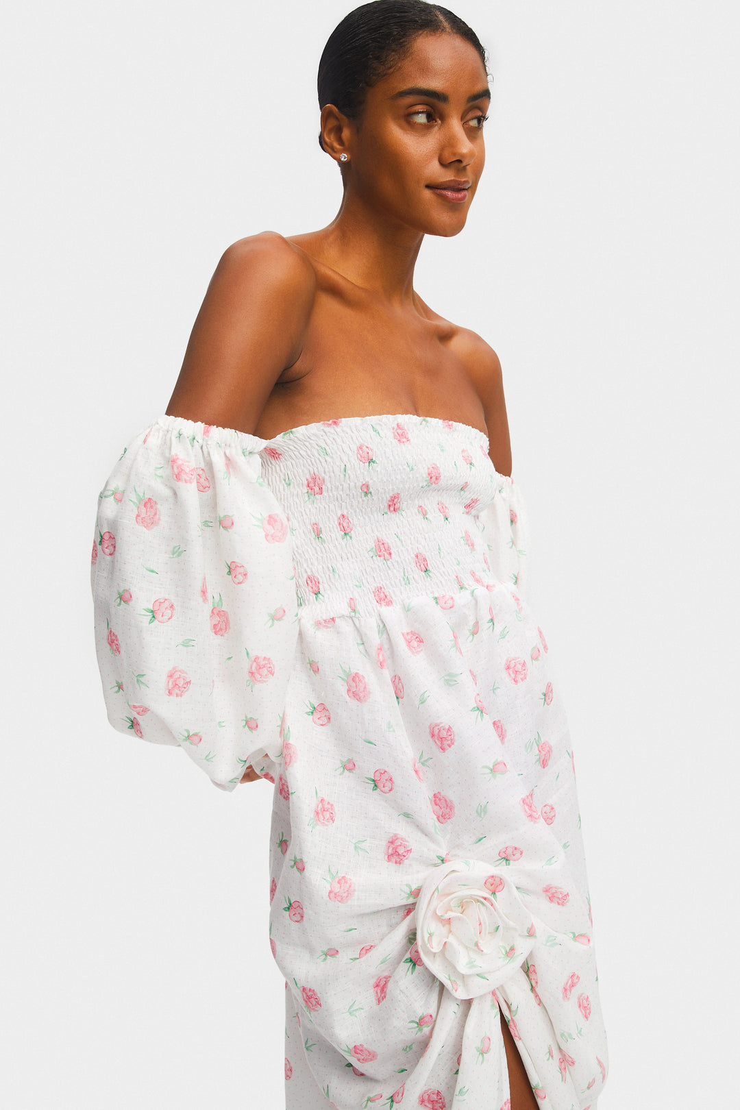 Atlanta Linen Dress with Rose Detail in Roses