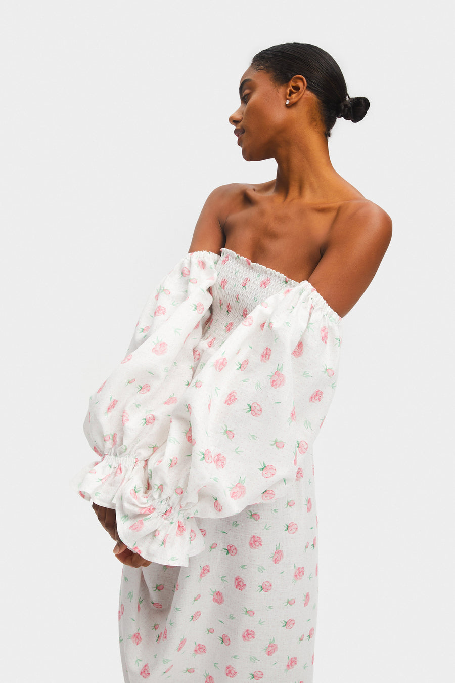 Atlanta Linen Dress with Rose Detail in Roses