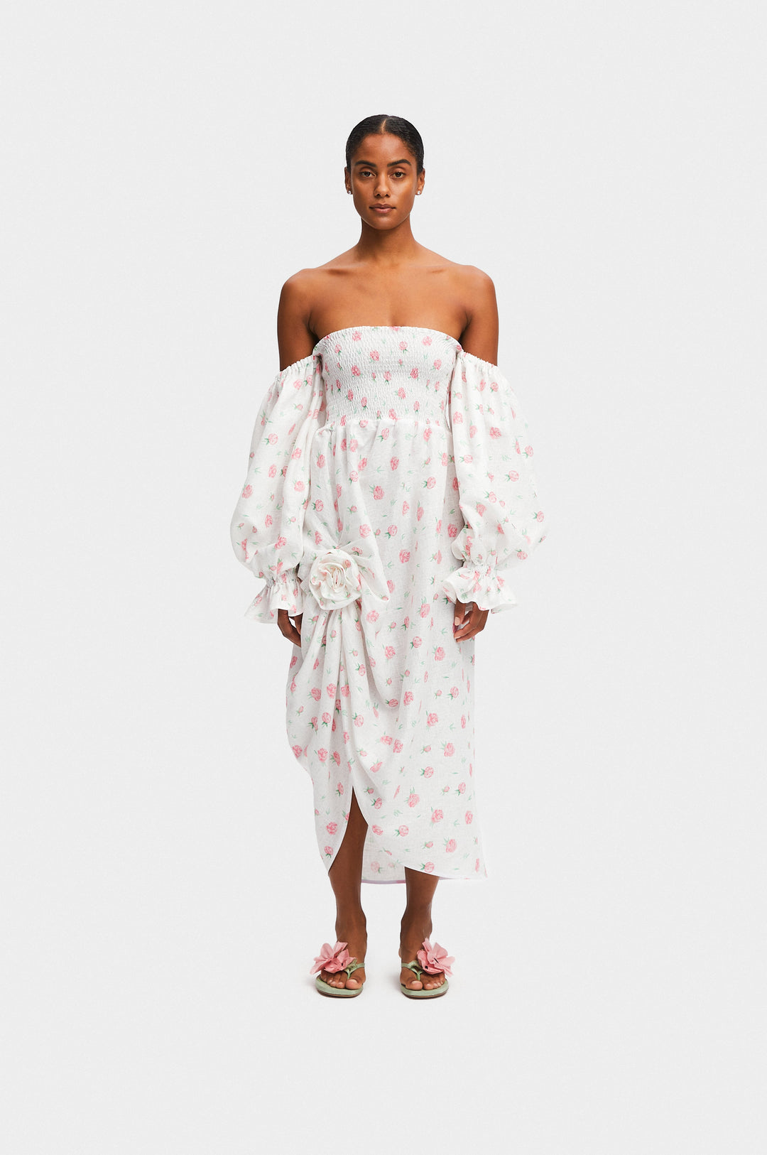 Atlanta Linen Dress with Rose Detail in Roses