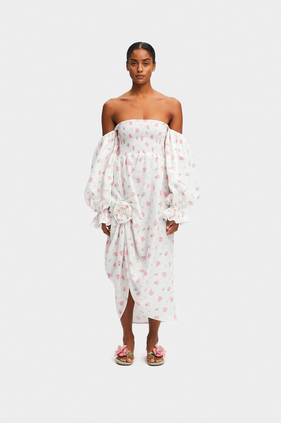 Atlanta Linen Dress with Rose Detail in Roses