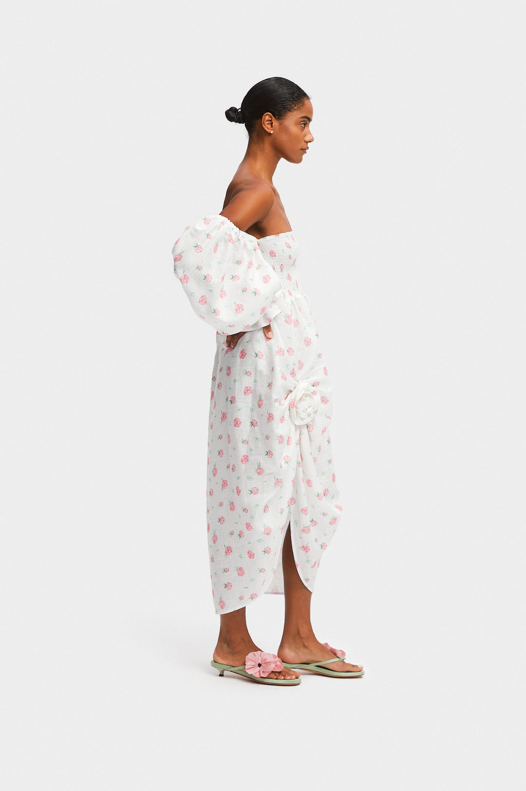 Atlanta Linen Dress with Rose Detail in Roses