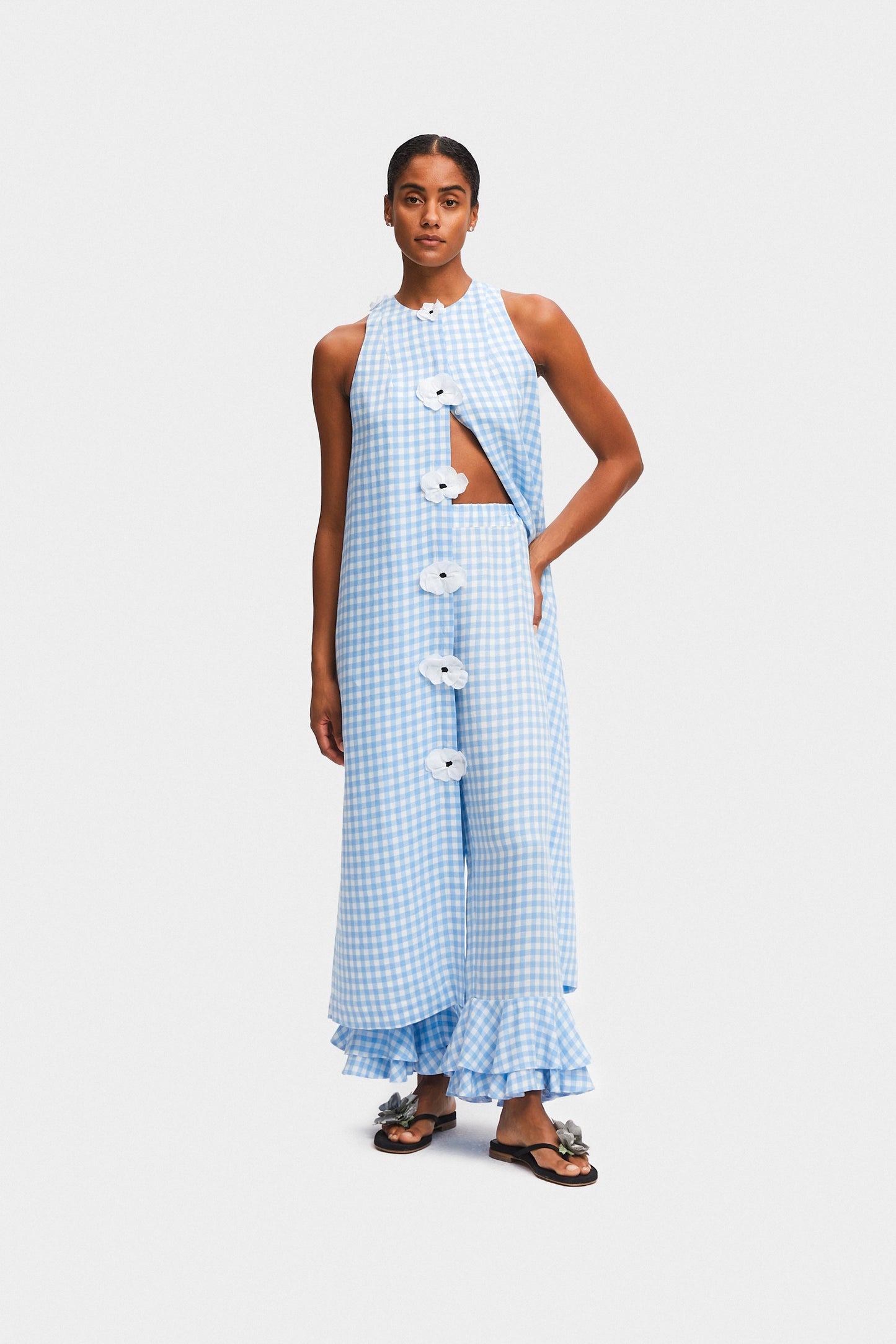 The Bloom Maxi Linen Vest Dress in Blue Vichy