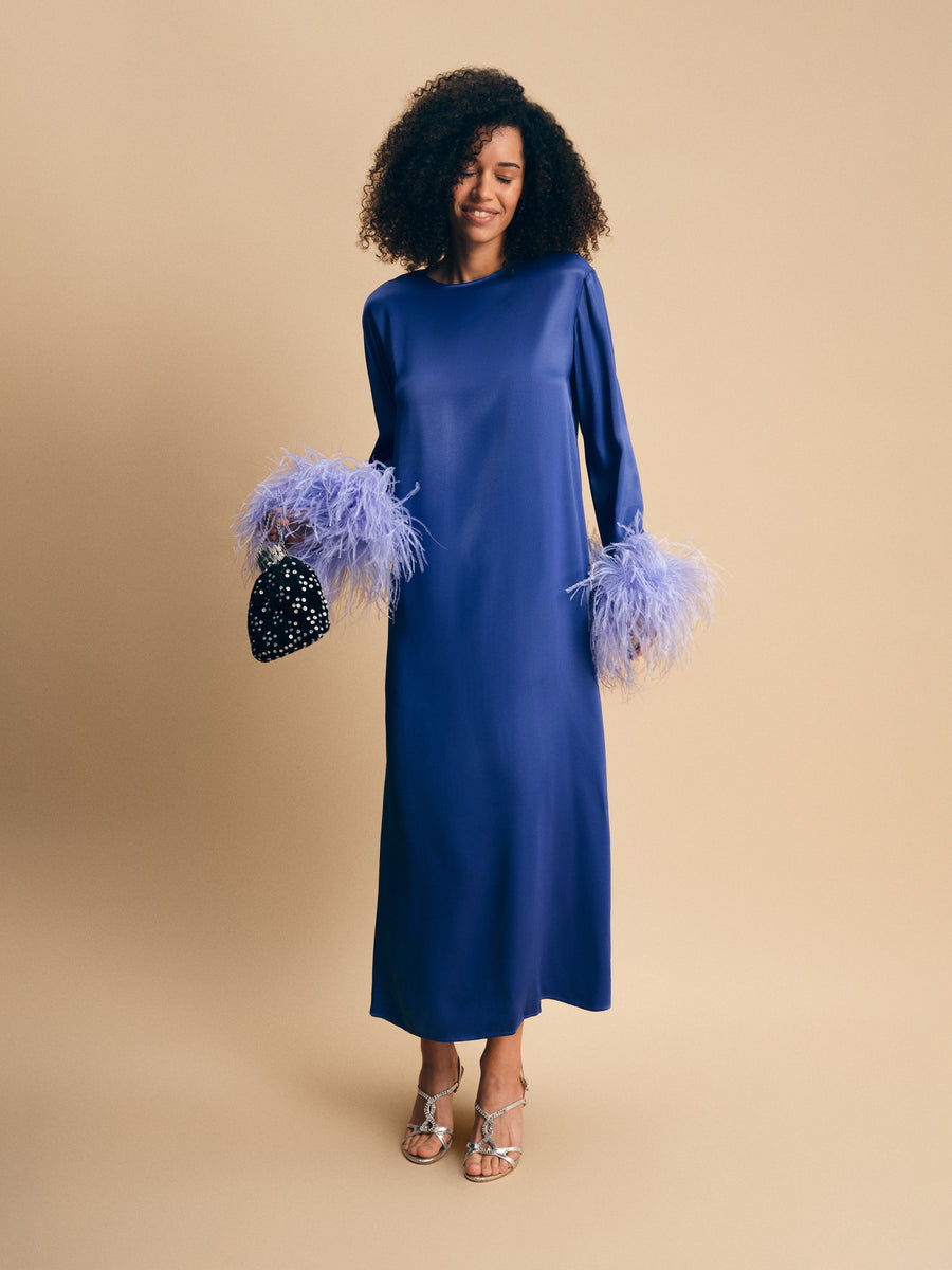 Suzi Maxi Dress with Detachable Feathers in Navy