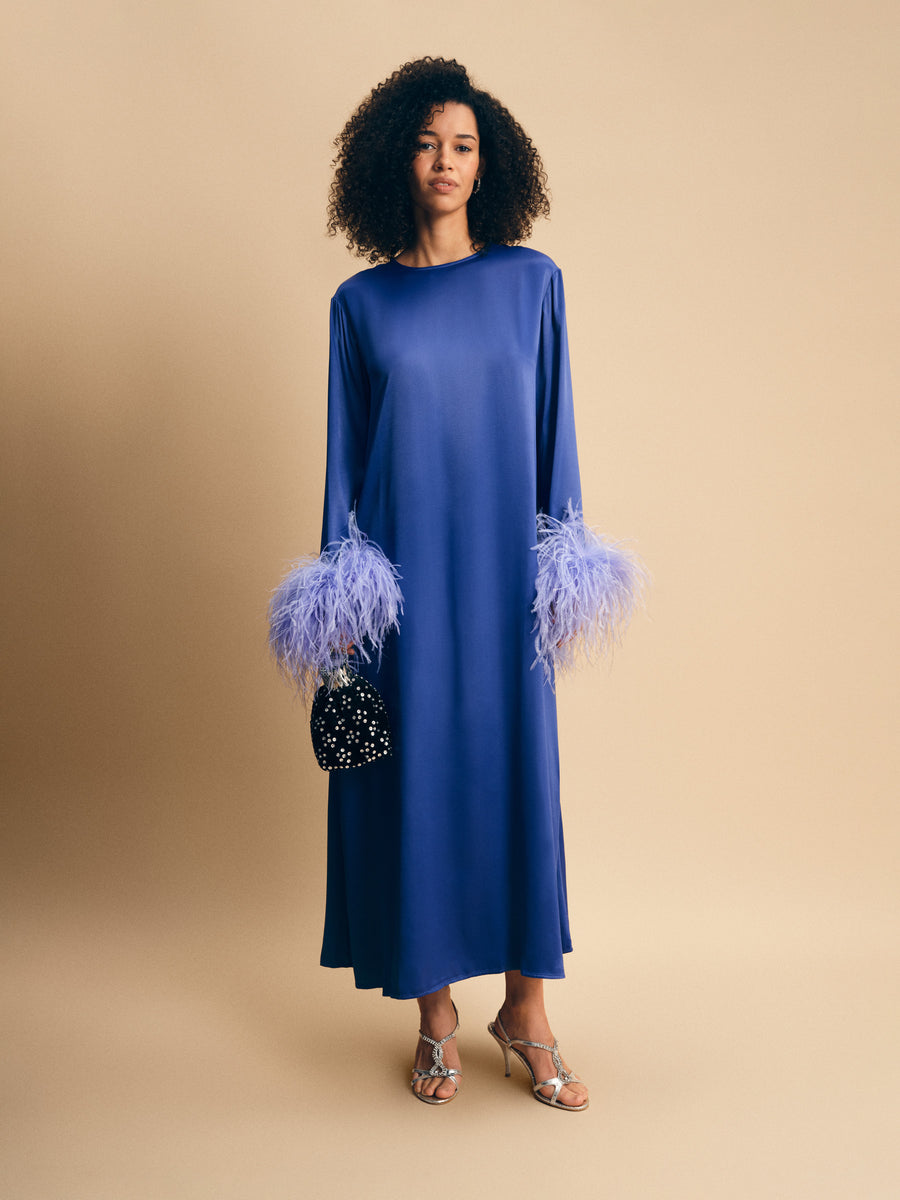 Suzi Maxi Dress with Detachable Feathers in Navy
