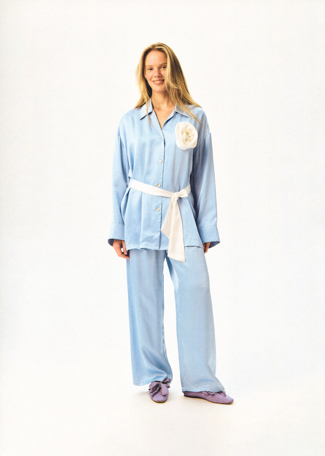 The Rose Oversized Pajama Set in Blue with White trim