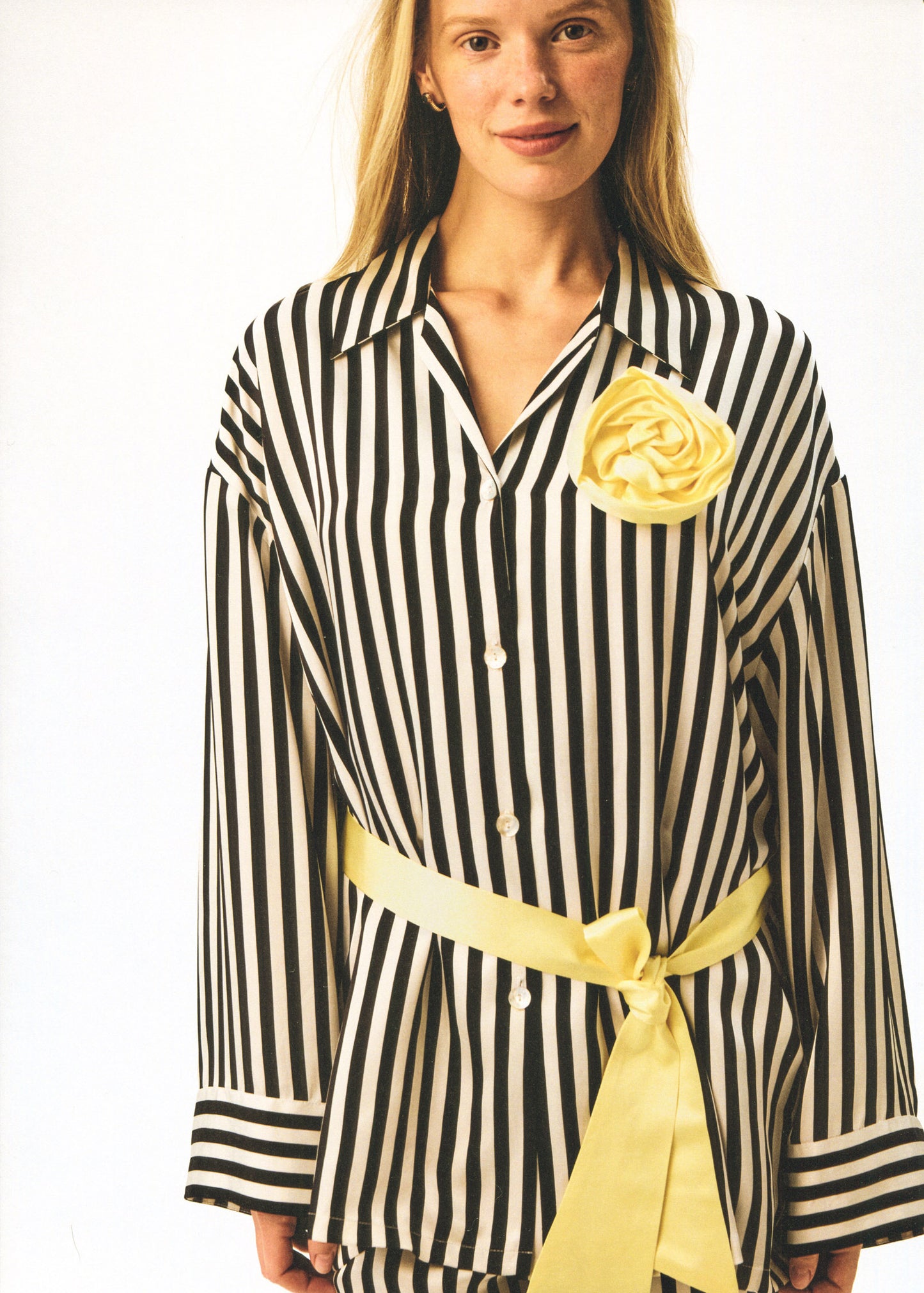 The Rose Oversized Pajama Set in Stripes with Yellow trim