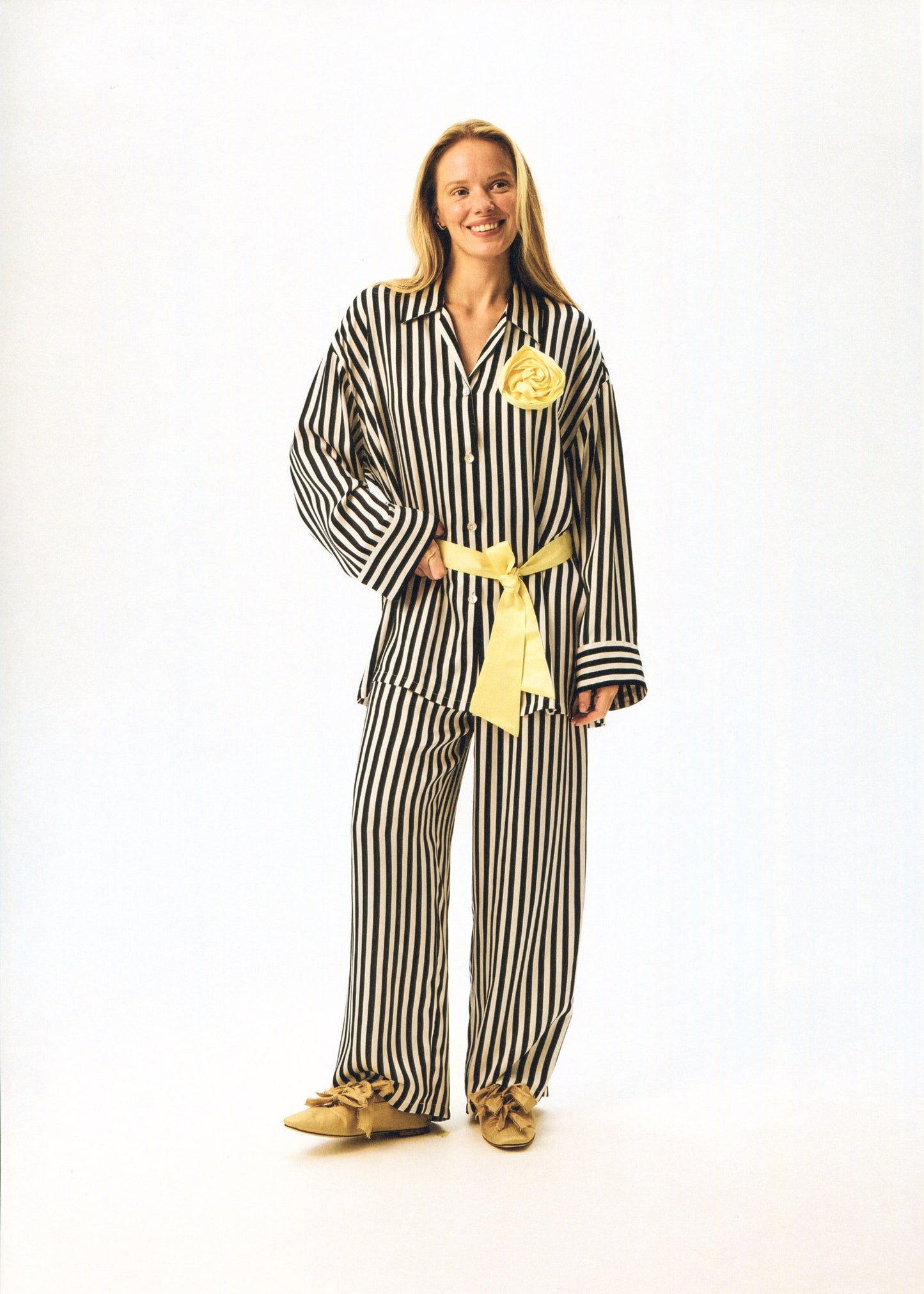 The Rose Oversized Pajama Set in Stripes with Yellow trim