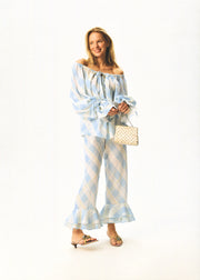 Cha-Cha Linen Lounge Pants with Headscarf in Blue Plaid