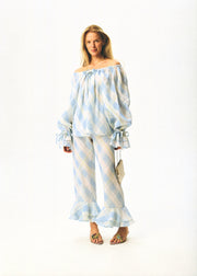Cha-Cha Linen Lounge Pants with Headscarf in Blue Plaid