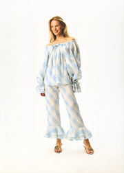 Cha-Cha Linen Lounge Pants with Headscarf in Blue Plaid