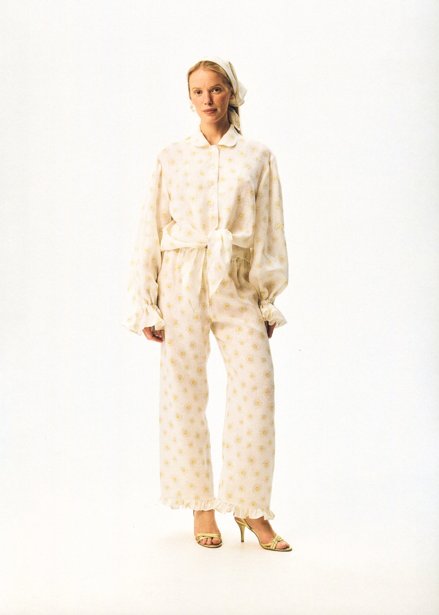 Puff Linen Lounge Pants with Headscarf in Daisies