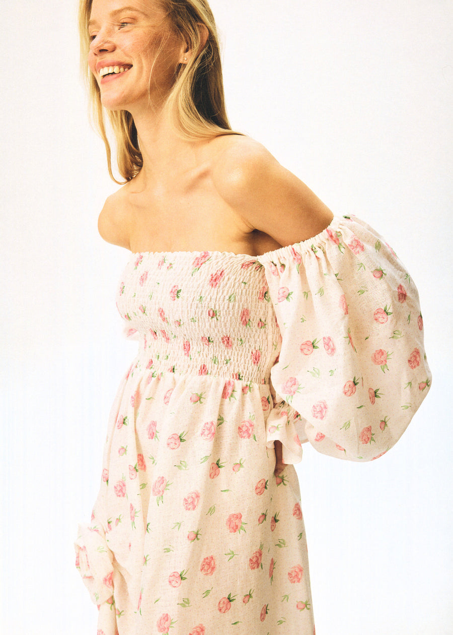 Sleeper Atlanta Linen Dress with Rose Detail in Cream - size L Sleeper Atlanta Linen Dress with Rose Detail in Cream - size L