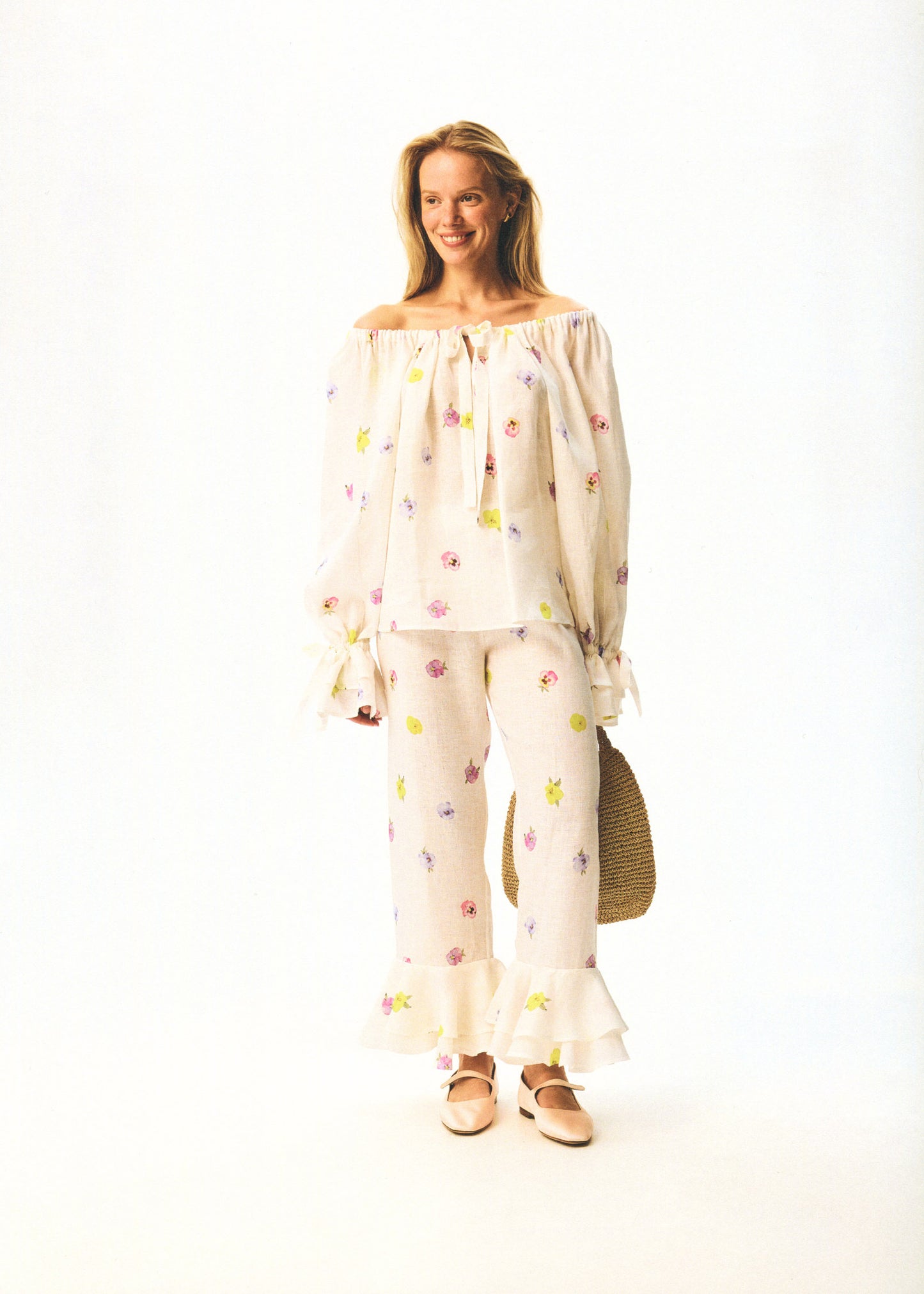 Cha-Cha Linen Lounge Pants with Headscarf in Pansies