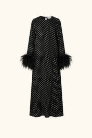 Suzi Maxi Dress in Black and White Polka Dot with Black Detachable Feathers