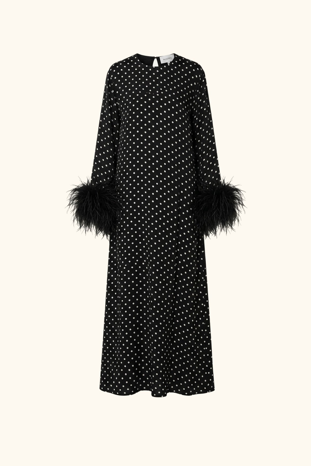 Suzi Maxi Dress in Black and White Polka Dot with Black Detachable Feathers