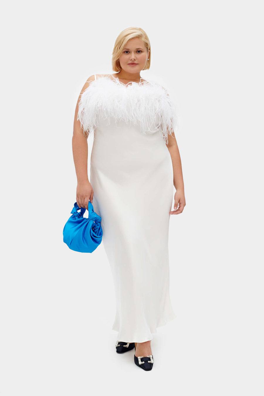 Boheme Slip Dress with Feathers in White