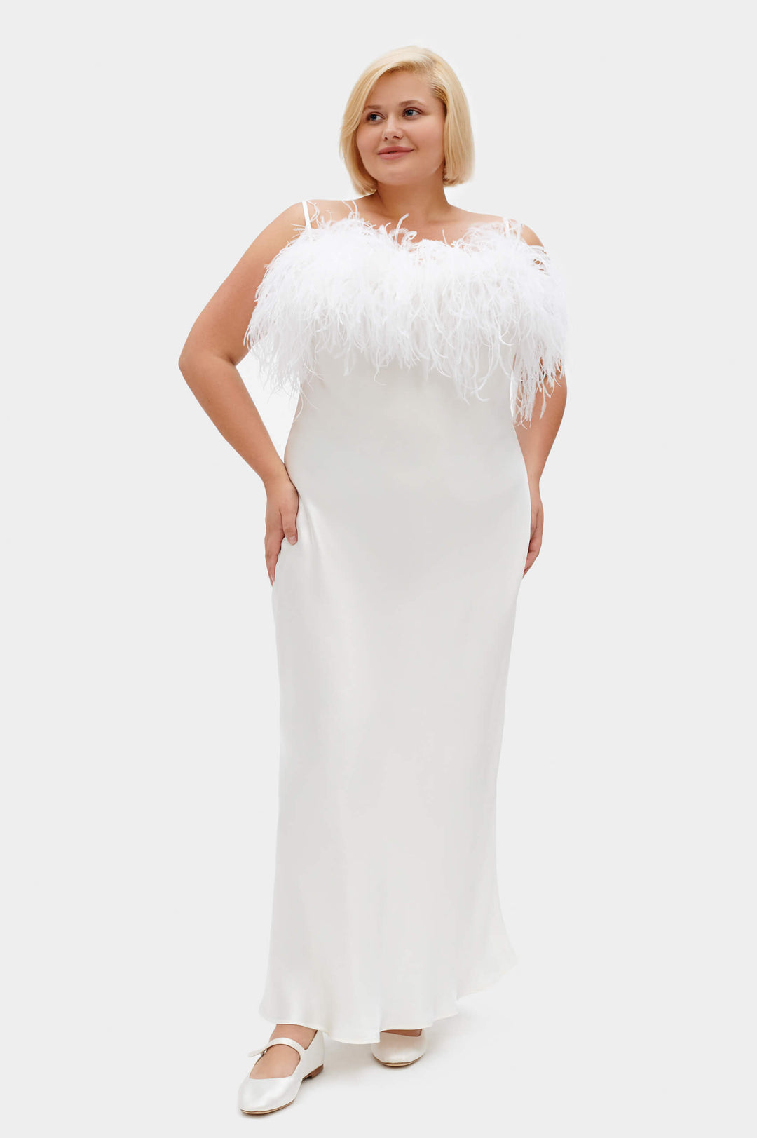 Boheme Slip Dress with Feathers in White