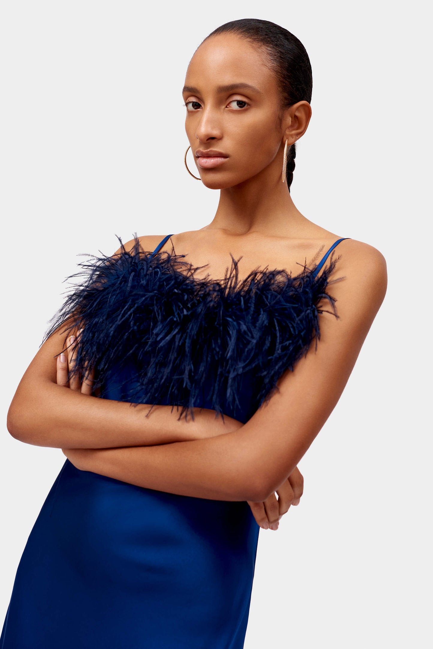 Boheme Mini Slip Dress with Feathers in Navy