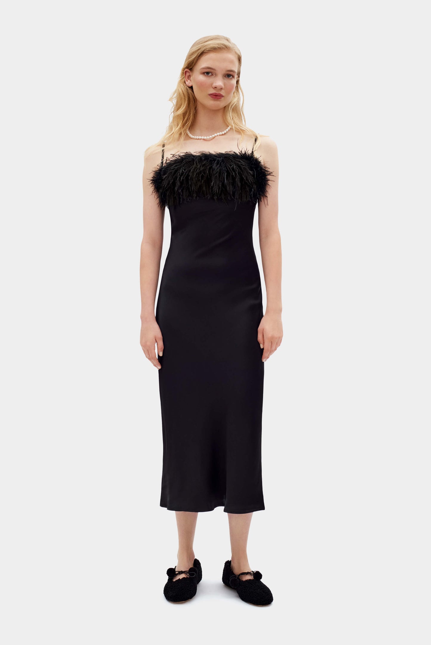 Boheme Slip Dress with Feathers in Black