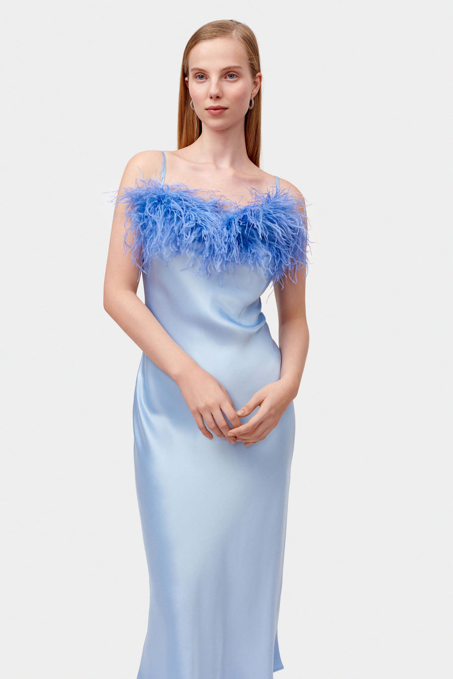 Boheme Slip Dress with Feathers in Blue