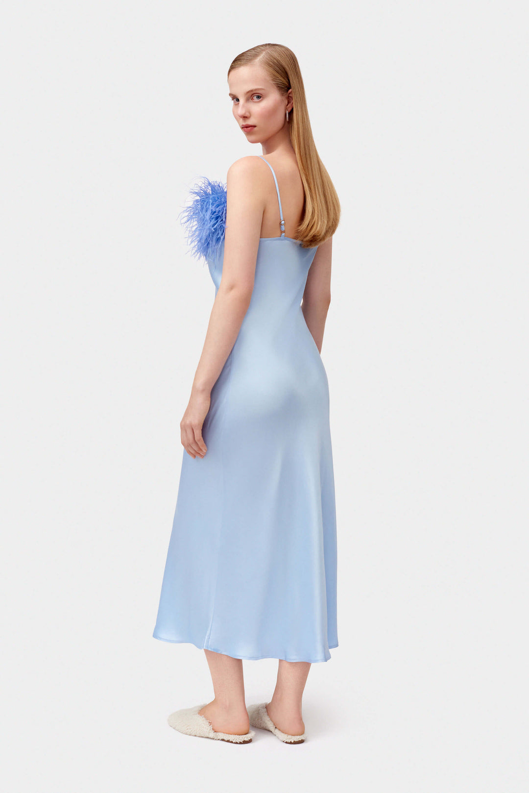 Boheme Slip Dress with Feathers in Blue