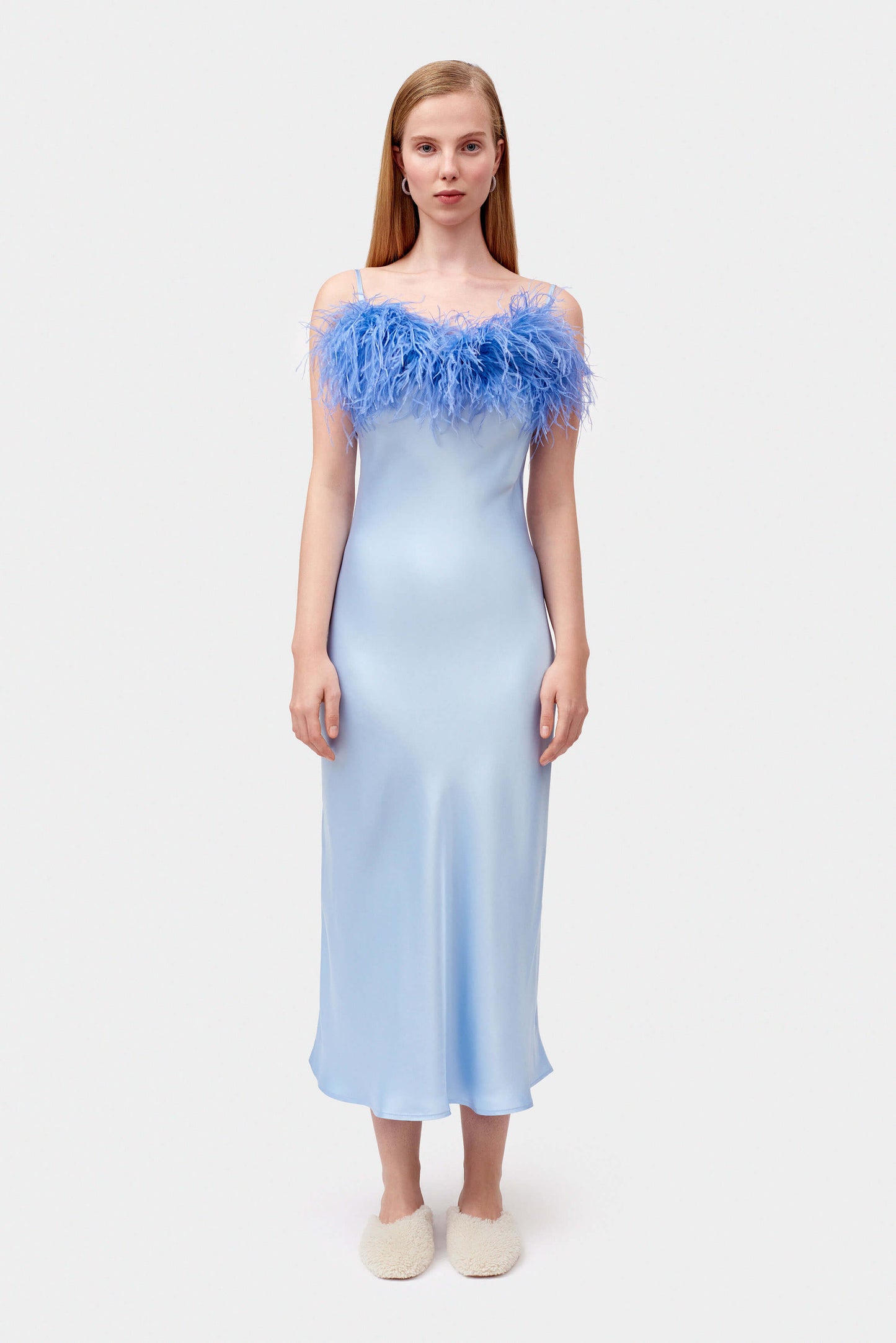 Boheme Slip Dress with Feathers in Blue