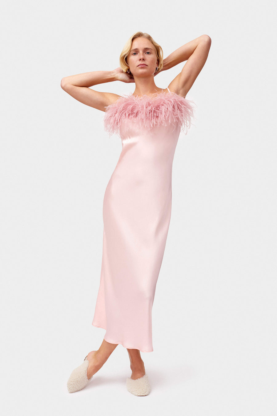 Boheme Slip Dress with Feathers in Dust Pink