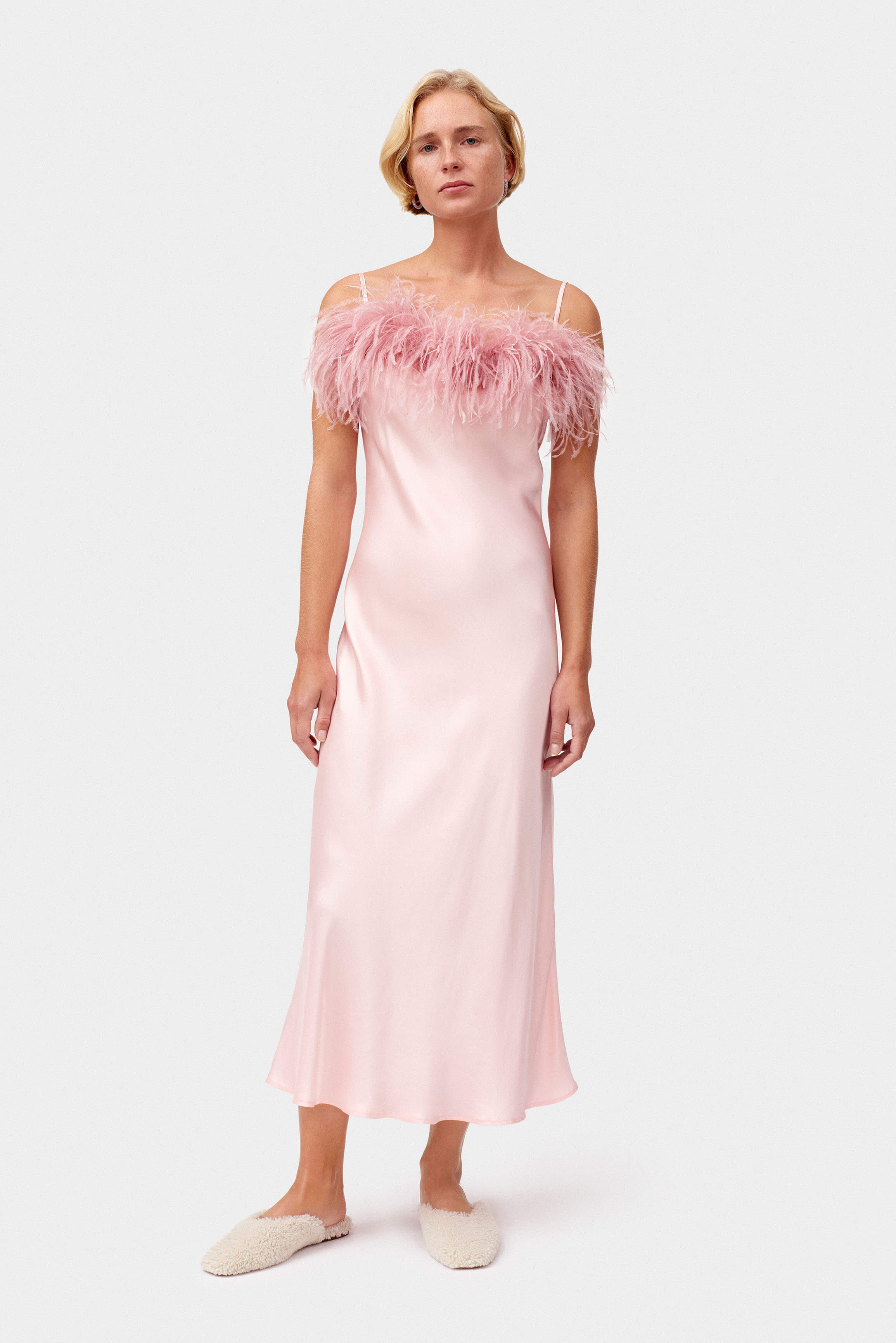 Boheme Slip Dress with Feathers in Dust Pink