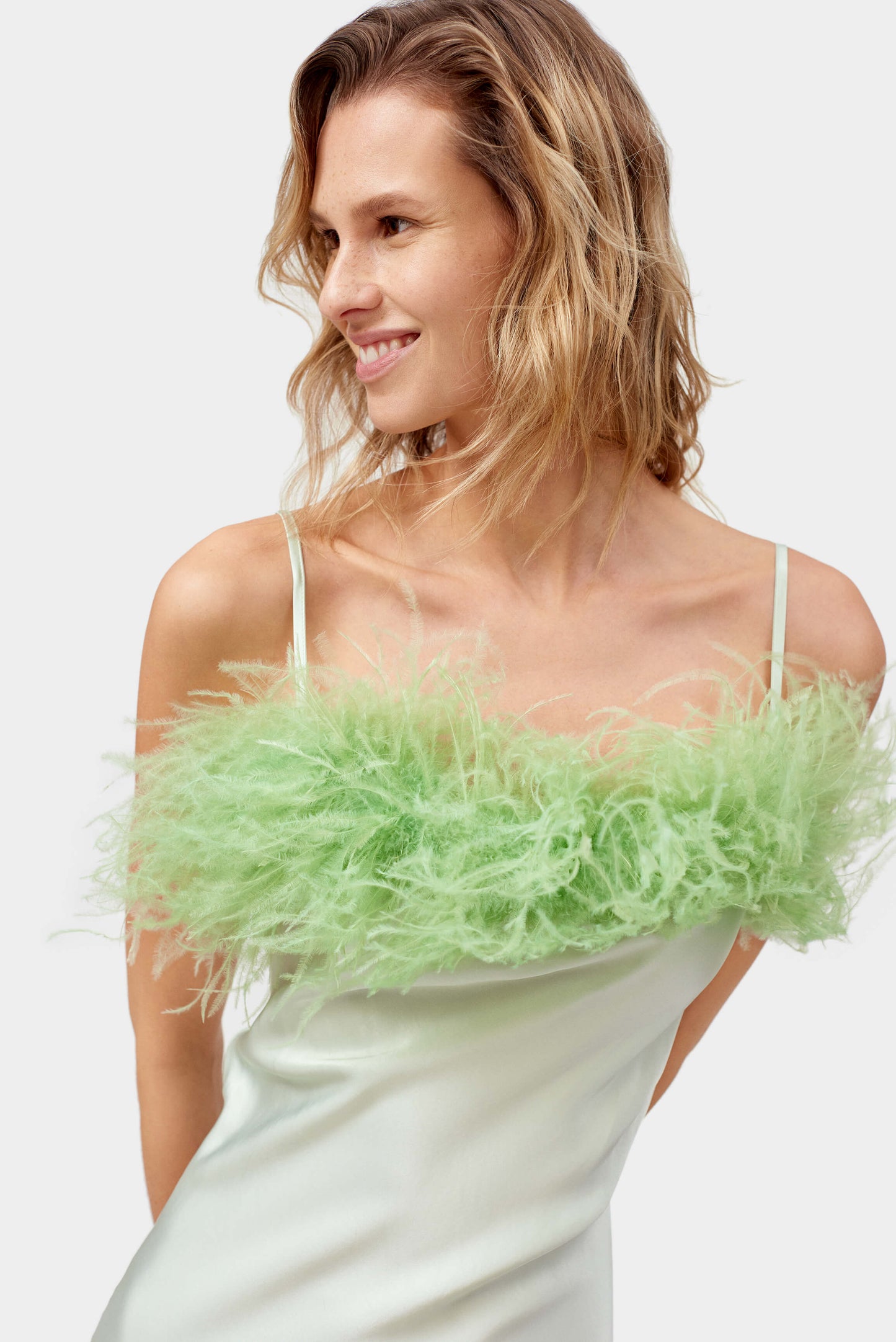 Boheme Slip Dress with Feathers in Mint