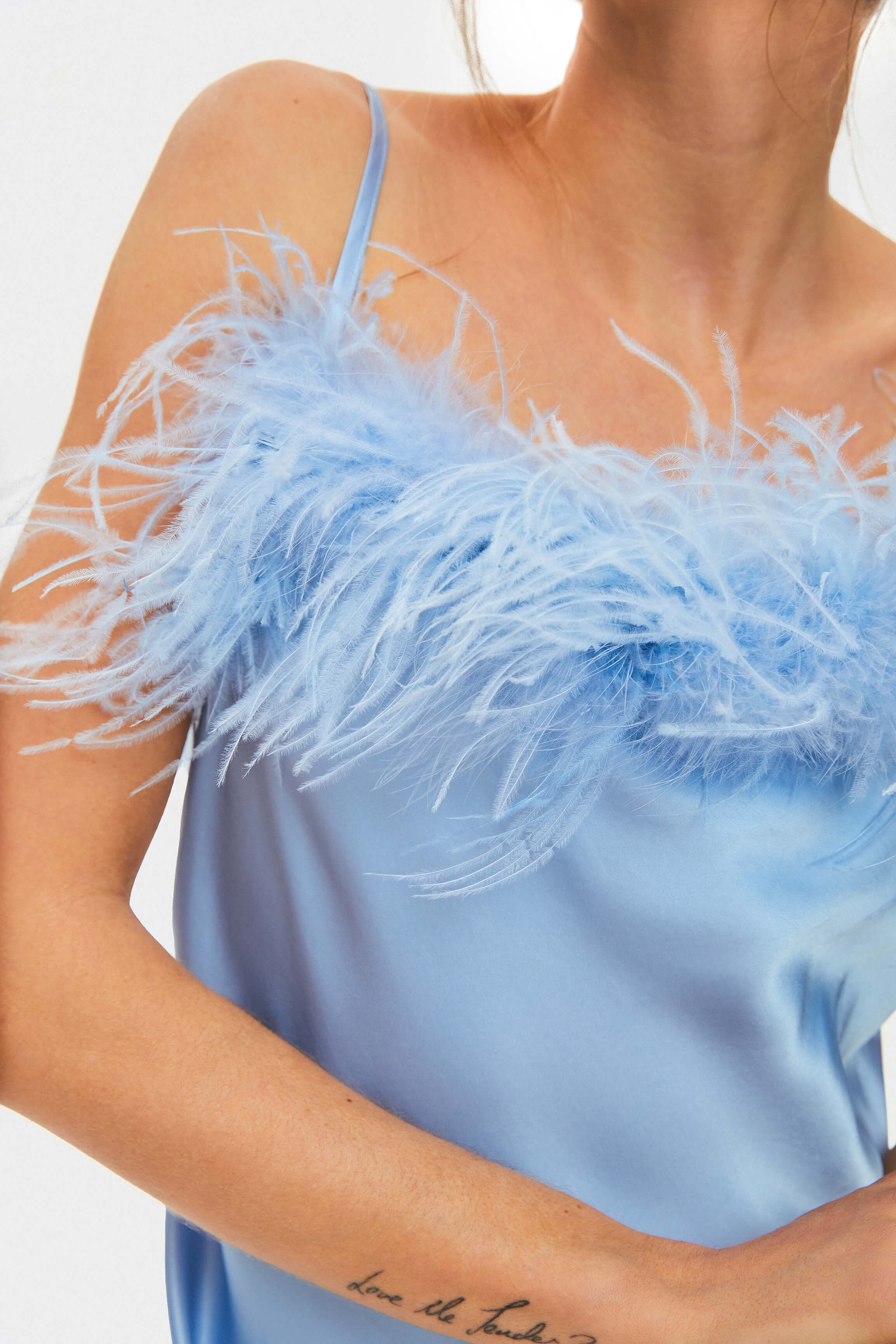 Boheme Mini Dress with Feathers in Light Blue