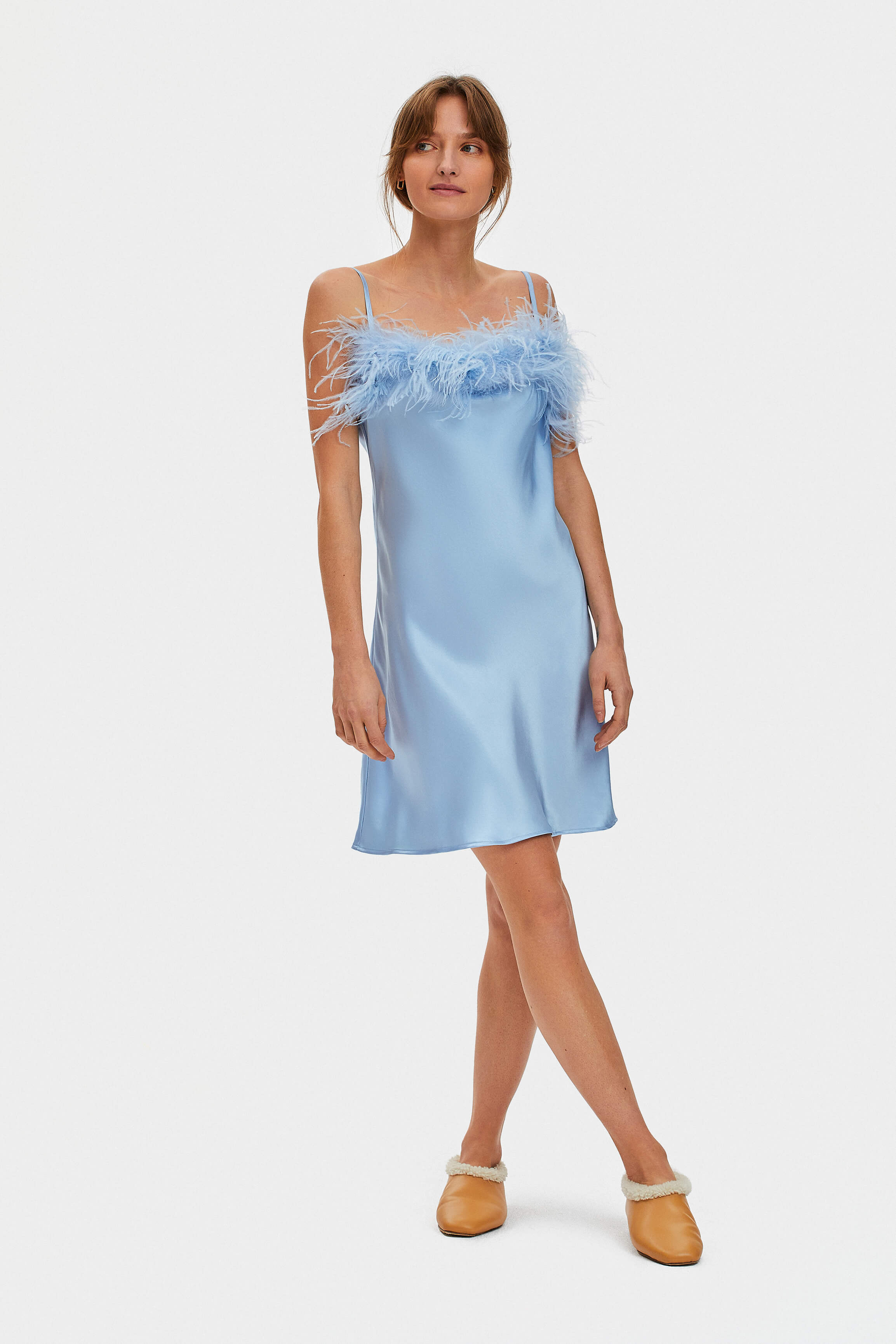 Boheme Mini Dress with Feathers in Light blue – Sleeper